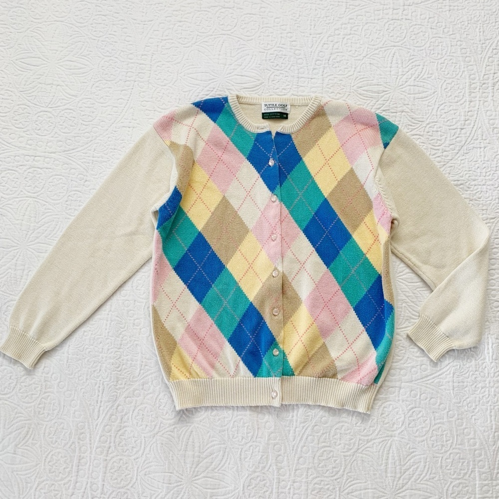 RARE🔥 Vintage Tuttle‎ Golf Collection Button-Front Argyle Cardigan